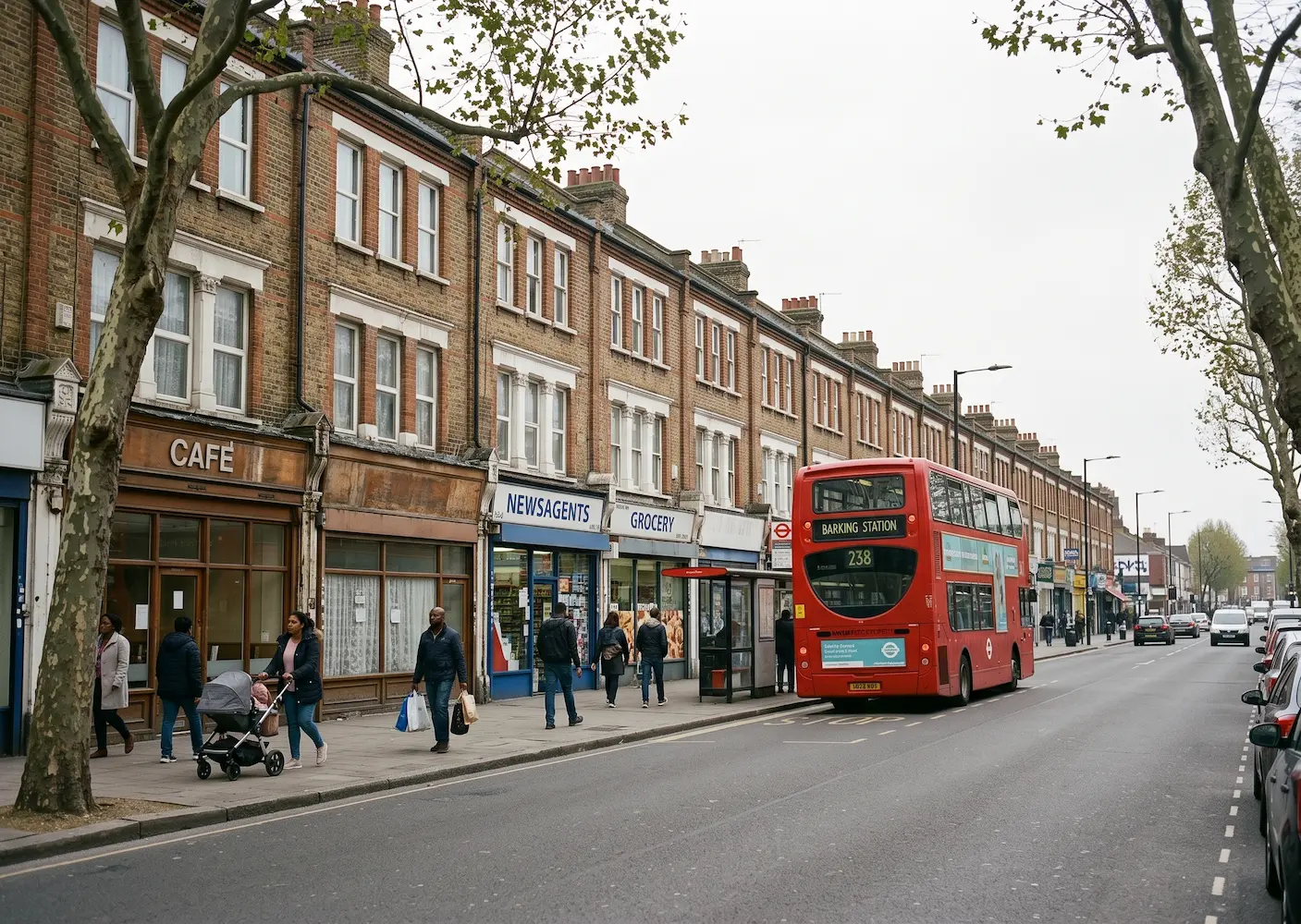 A parade of independent shops and Victorian terraces on a main road in East London, with a red double-decker bus.