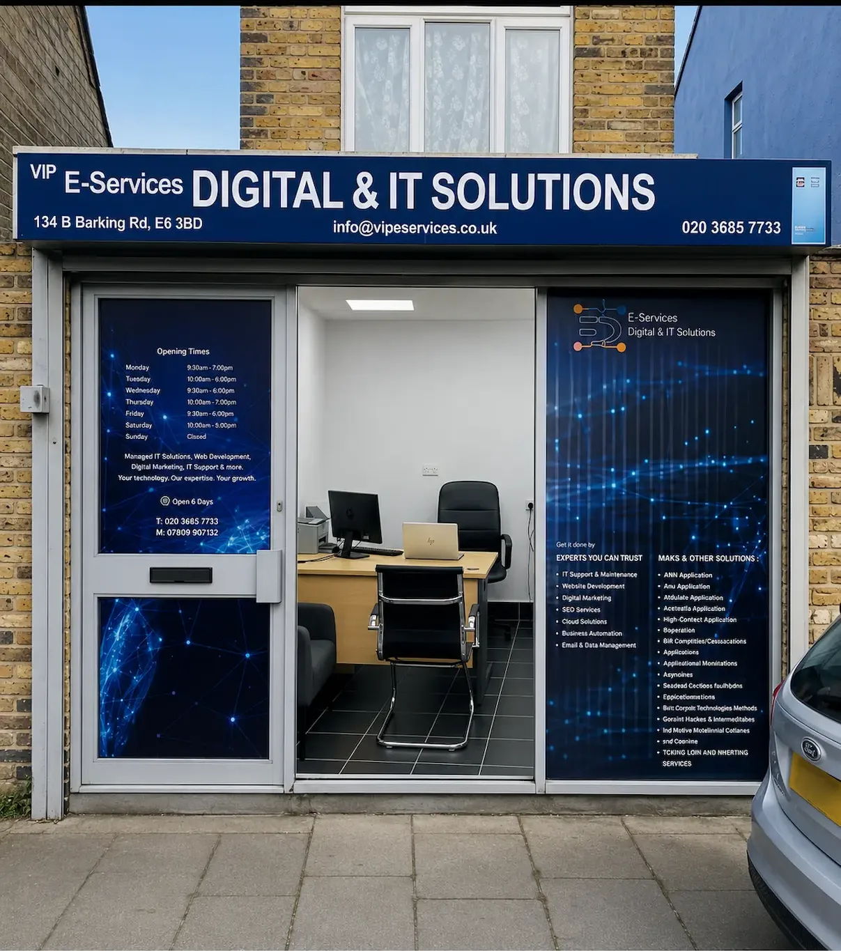The VIP e-Services shopfront at 134B Barking Road, East London, signed Digital & IT Solutions.